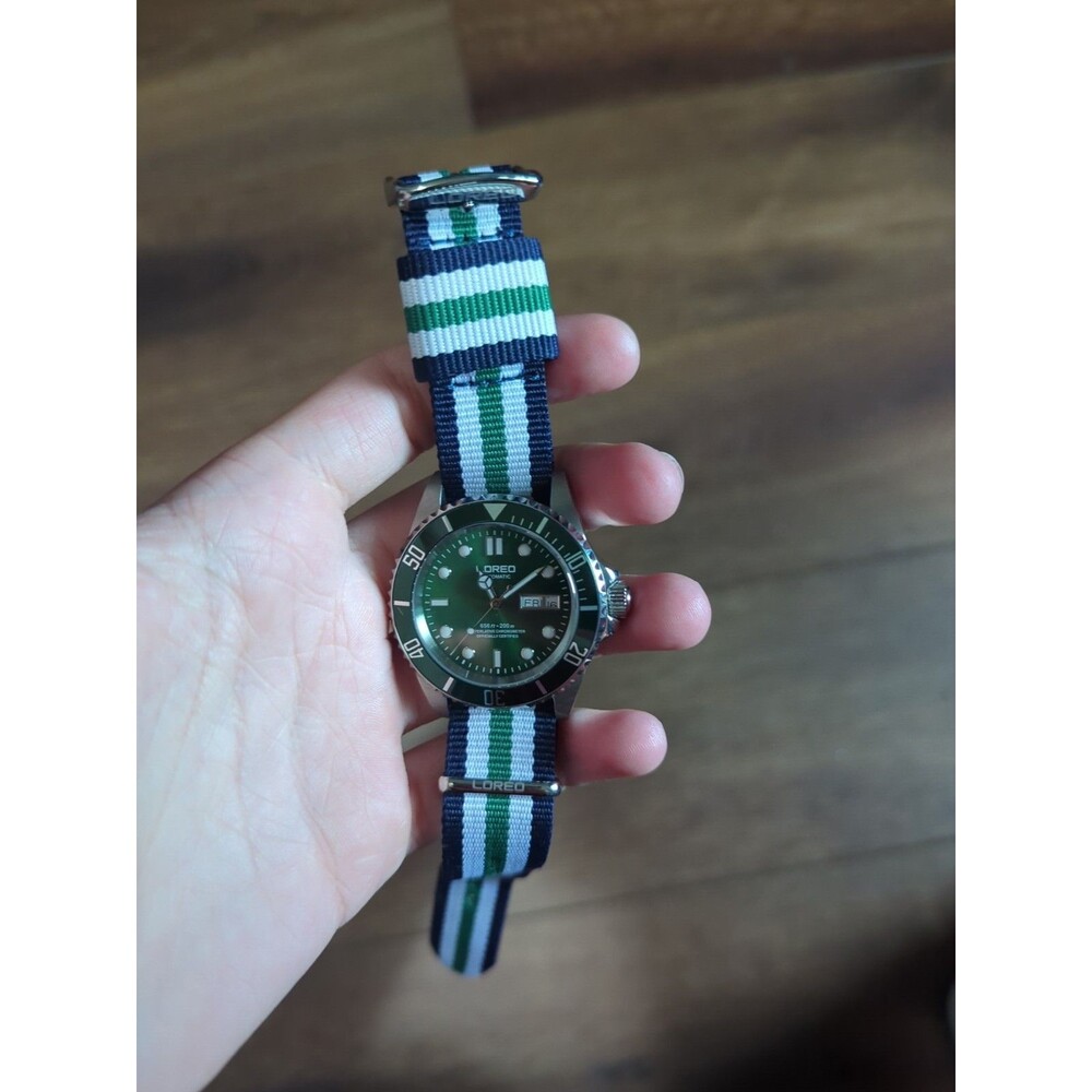 LOREO Men's GMT Silver Stainless Steel Sapphire Green Rotating Bezel